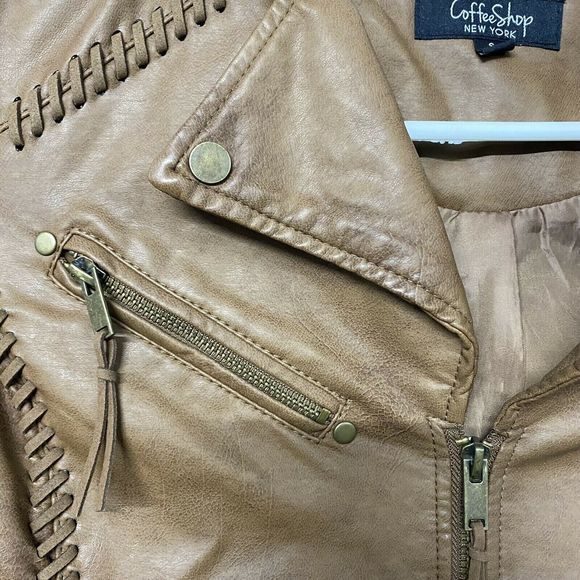 Coffee Shop Women Faux Leather Jacket Brown Zippered Size S - Picture 7 of 10